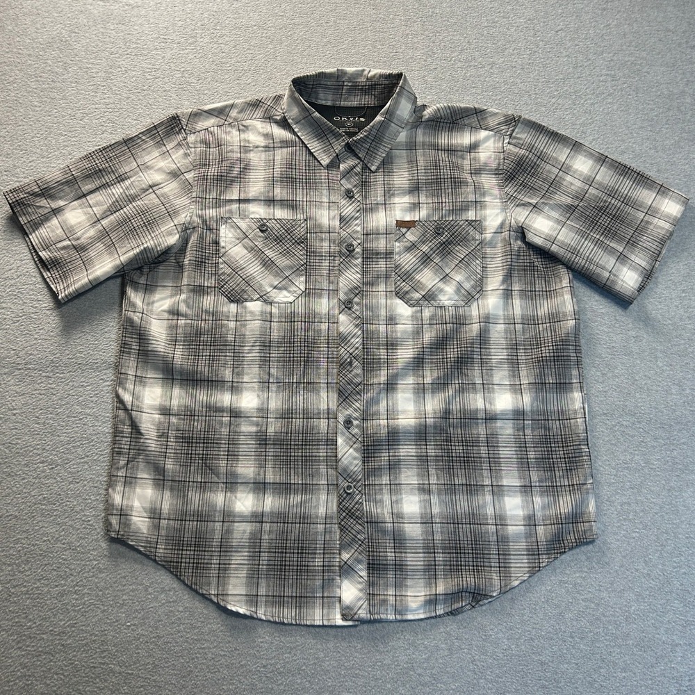 Orvis Button Up Shirt Mens XL Gray Black Plaid Short Sleeve Outdoor Utility Fit